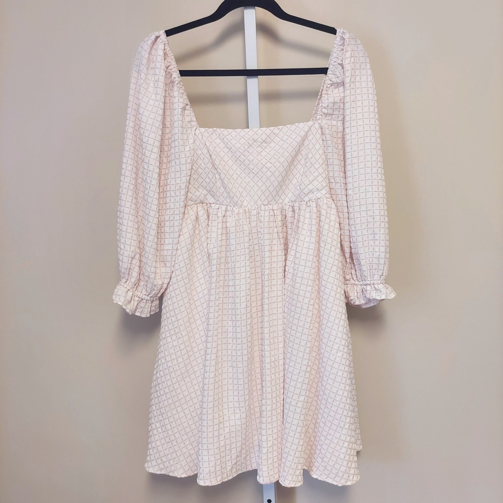 Storia Pink White Puff Sleeve Babydoll Mini Dress Square‎ Neck L Coquette Preppy